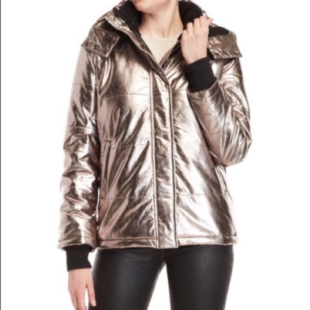 Avec Les Filles Metallic Faux Leather Coated Shiny Puffer Jacket Faux Fur